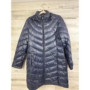 Calvin Klein large navy blue long down feather puffer jacket zip hooded packable